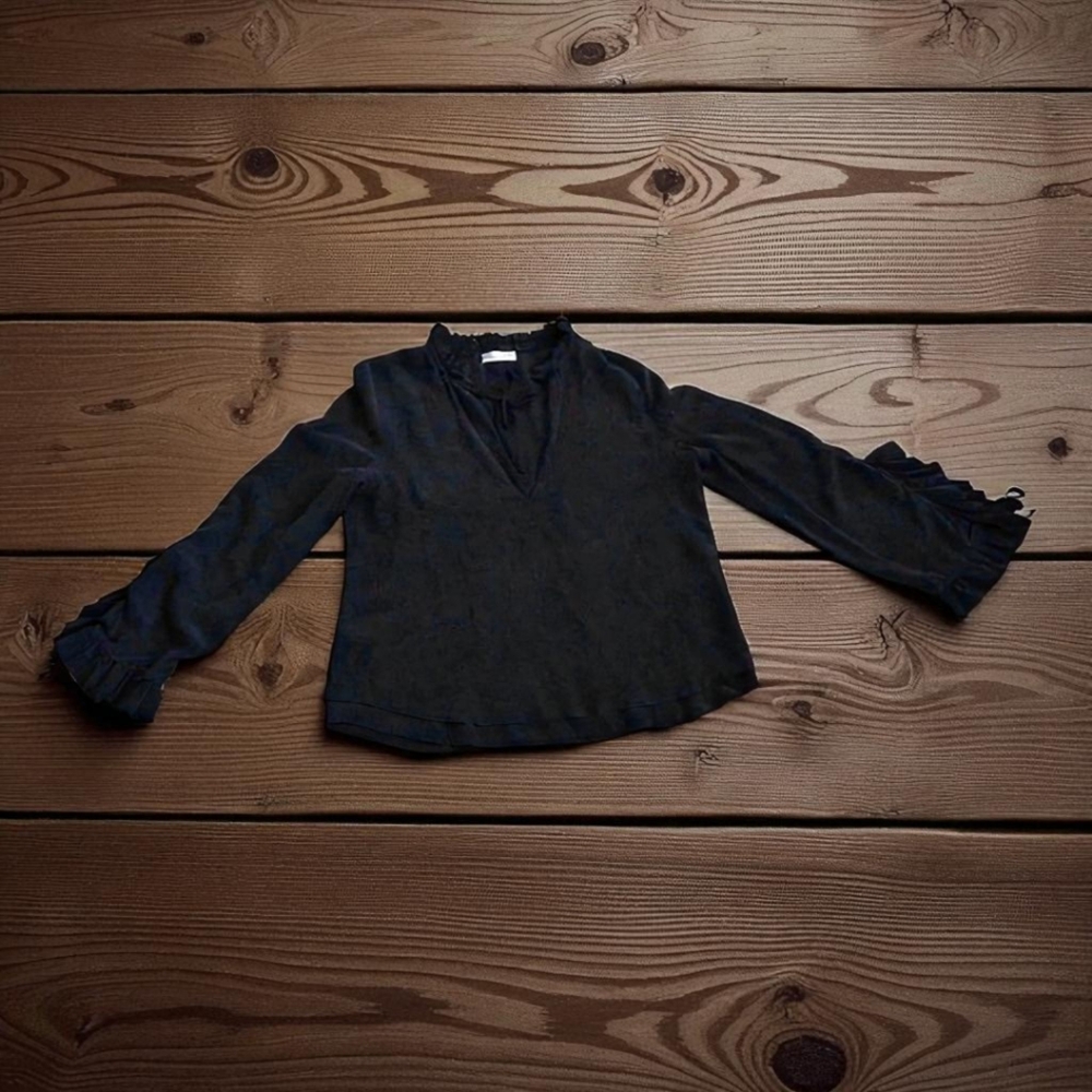 Anine Bing Black Silk Blouse With Ruffle Sleeves